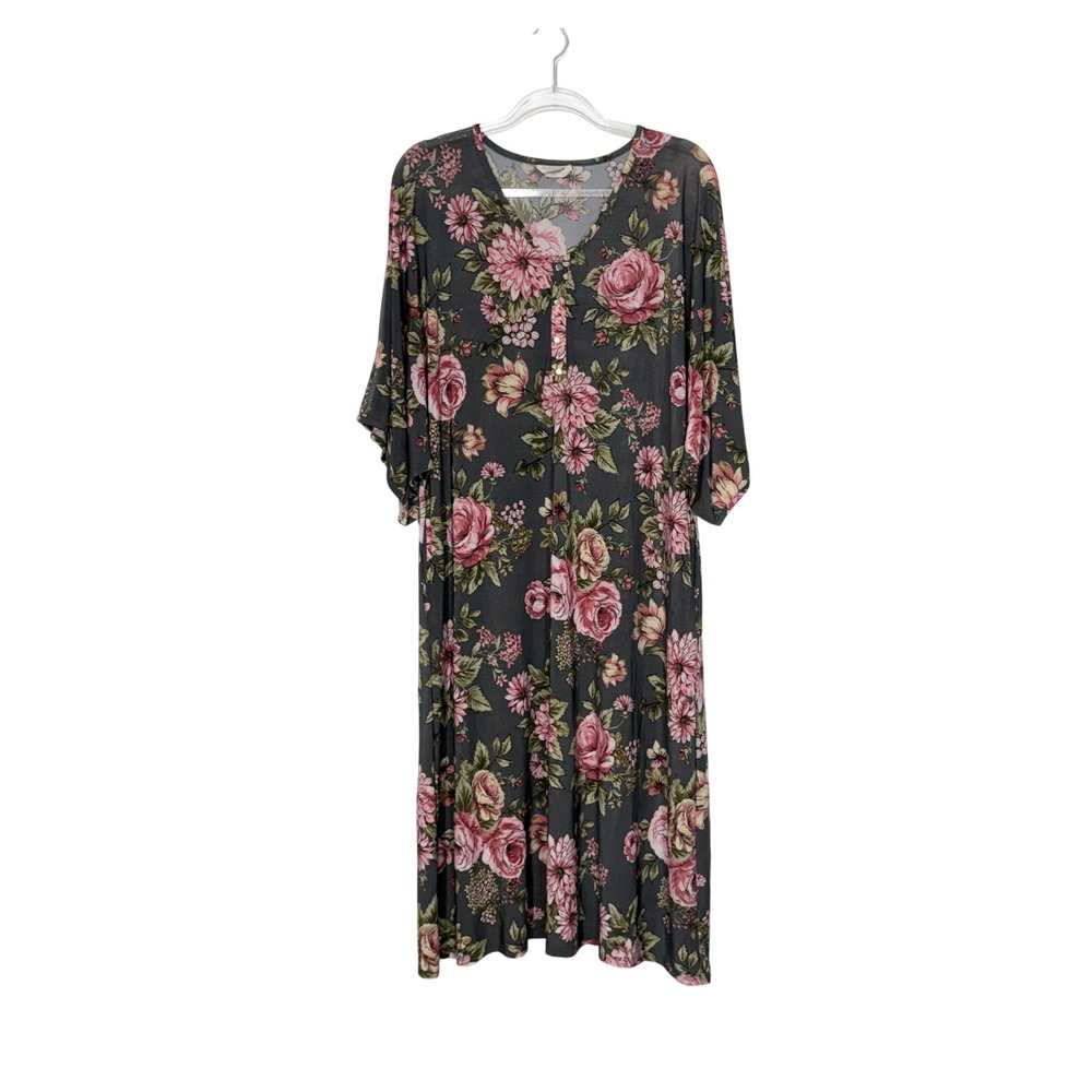 Dwell + Slumber Caftan Dress Womens OS Gray Pink Floral Snap Front Boho